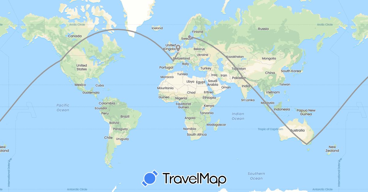 TravelMap itinerary: driving, plane in Australia, Belgium, France, India, Sweden, United States (Asia, Europe, North America, Oceania)